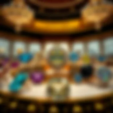 An elegant display of various gemstones and their prices in a luxurious setting.