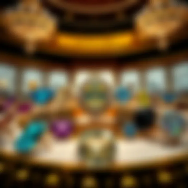 An elegant display of various gemstones and their prices in a luxurious setting.