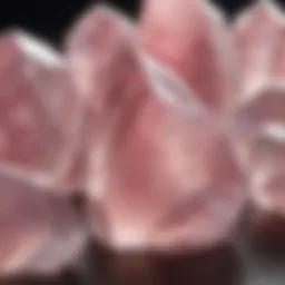 A close-up view of rose quartz crystals showcasing their unique pink hues and transparency