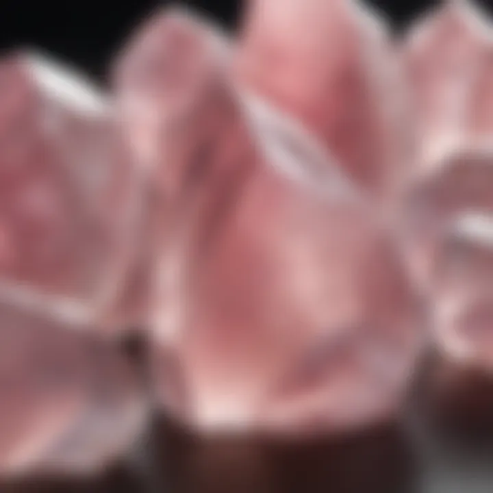 A close-up view of rose quartz crystals showcasing their unique pink hues and transparency