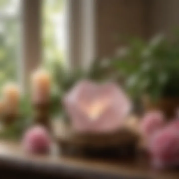 A serene setting featuring rose quartz placed on a meditative altar surrounded by candles and greenery