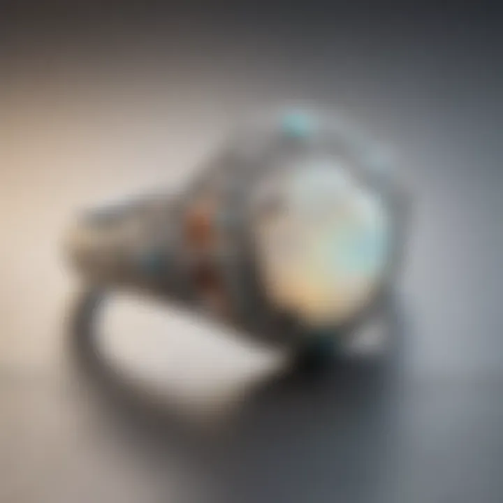 Close-up of a white opal wedding ring showcasing its unique colors and patterns