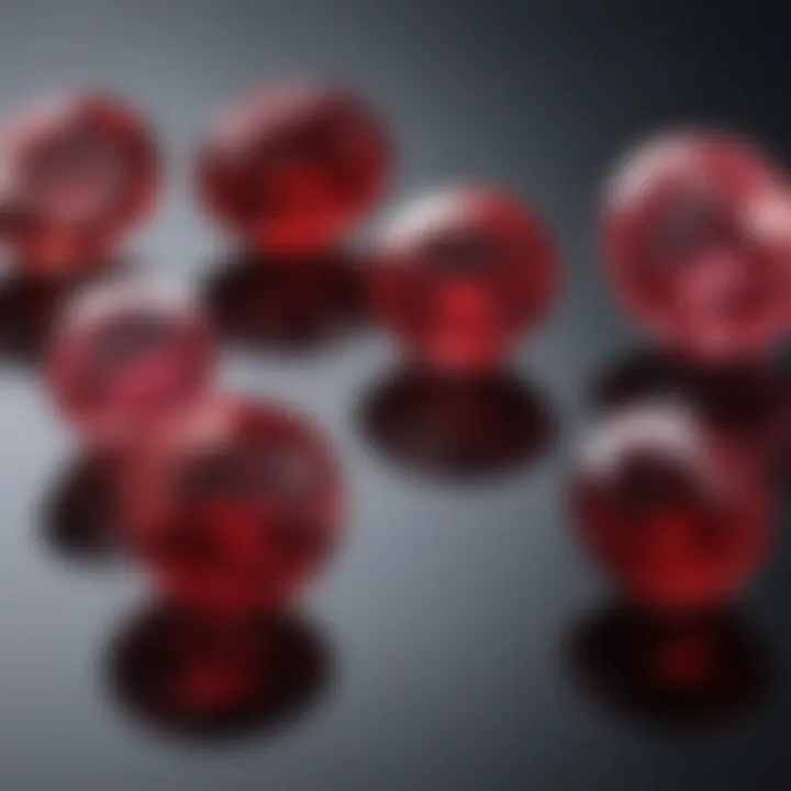 An elegant display of various rubies highlighting differences in cut and color.