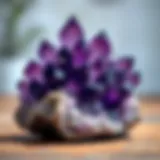 A stunning cluster of amethyst crystals showcasing deep purple hues