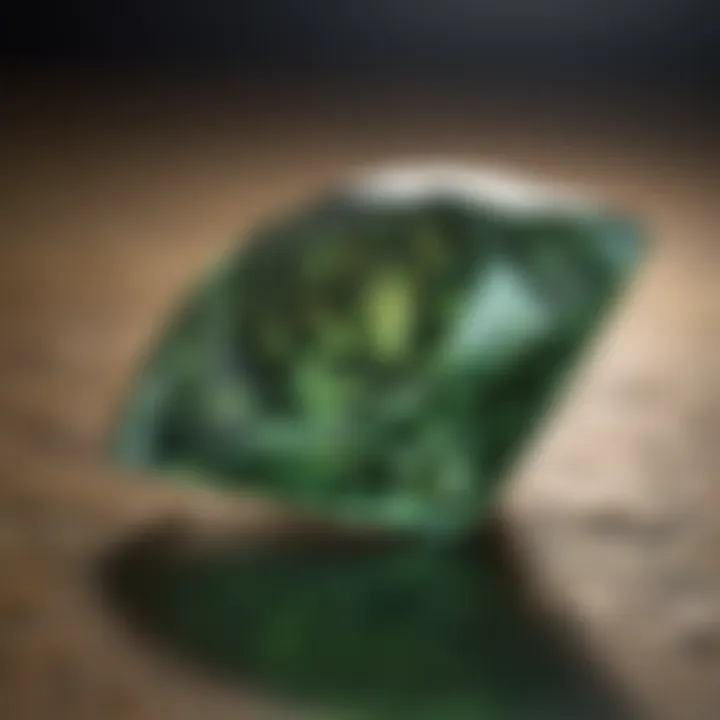 Close-up of a green diamond in a luxurious setting