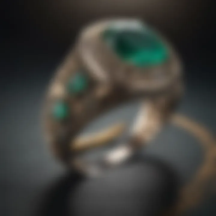 Close-up of intricate details on a vintage emerald ring