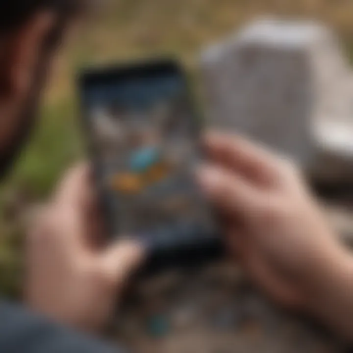 User engaging with a rock mineral identification app in a natural setting