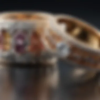 Close-up of wedding bands featuring unique designs and materials