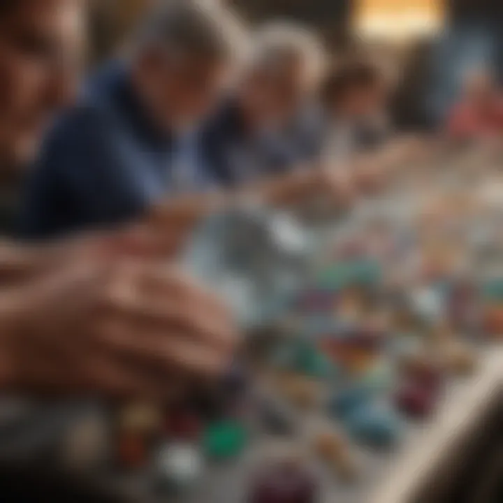 A bustling gem show with vendors and collectors exchanging gemstones.