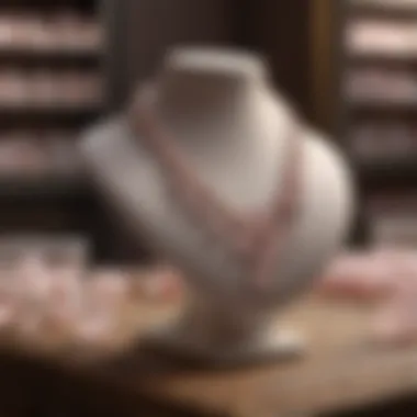 Display of rose quartz jewelry in a boutique