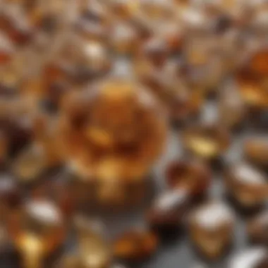 Elegant Display of Yellow and Brown Gemstones An arrangement of various yellow and brown gemstones reflecting light in an elegant display